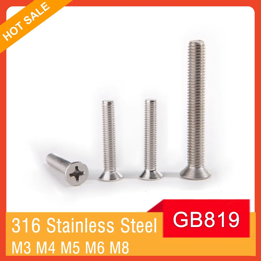 

GB819 A4 Cross Recessed Phillips Flat Countersunk Head Screw 316 Stainless Steel Bolt M3 M4 M5 M6 M8