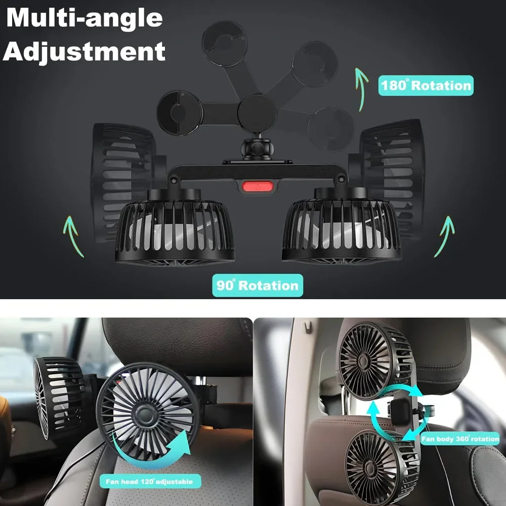 kmind Double-Head Fan For 360° Rotating Air Cooling Fan For Car Headrests Automatics Cooler Adjustable 3-speed Brushless Fan.