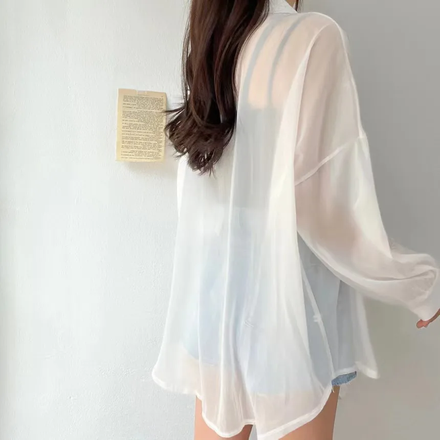 Summer Long Sleeve Blue Loose Casual Tops Oversize Transparent Shirt Thin Chiffon Sunscreen Shirts Women Lady Sunscreen Shirt