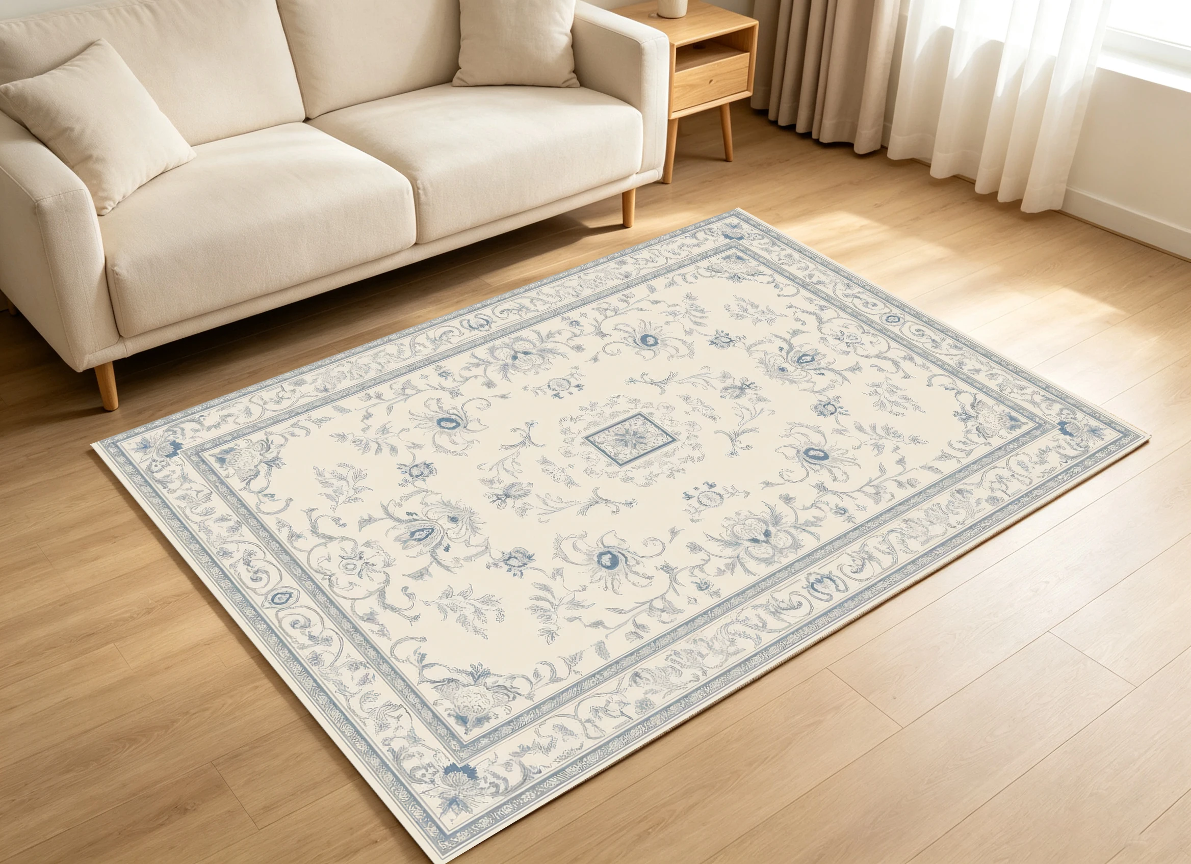 Cream‑Base Blue Vintage Floral Area Rug, Soft Muted Pattern with Double Border, Cozy Autumn Winter Mat for Living Room Bedroom Home Decor