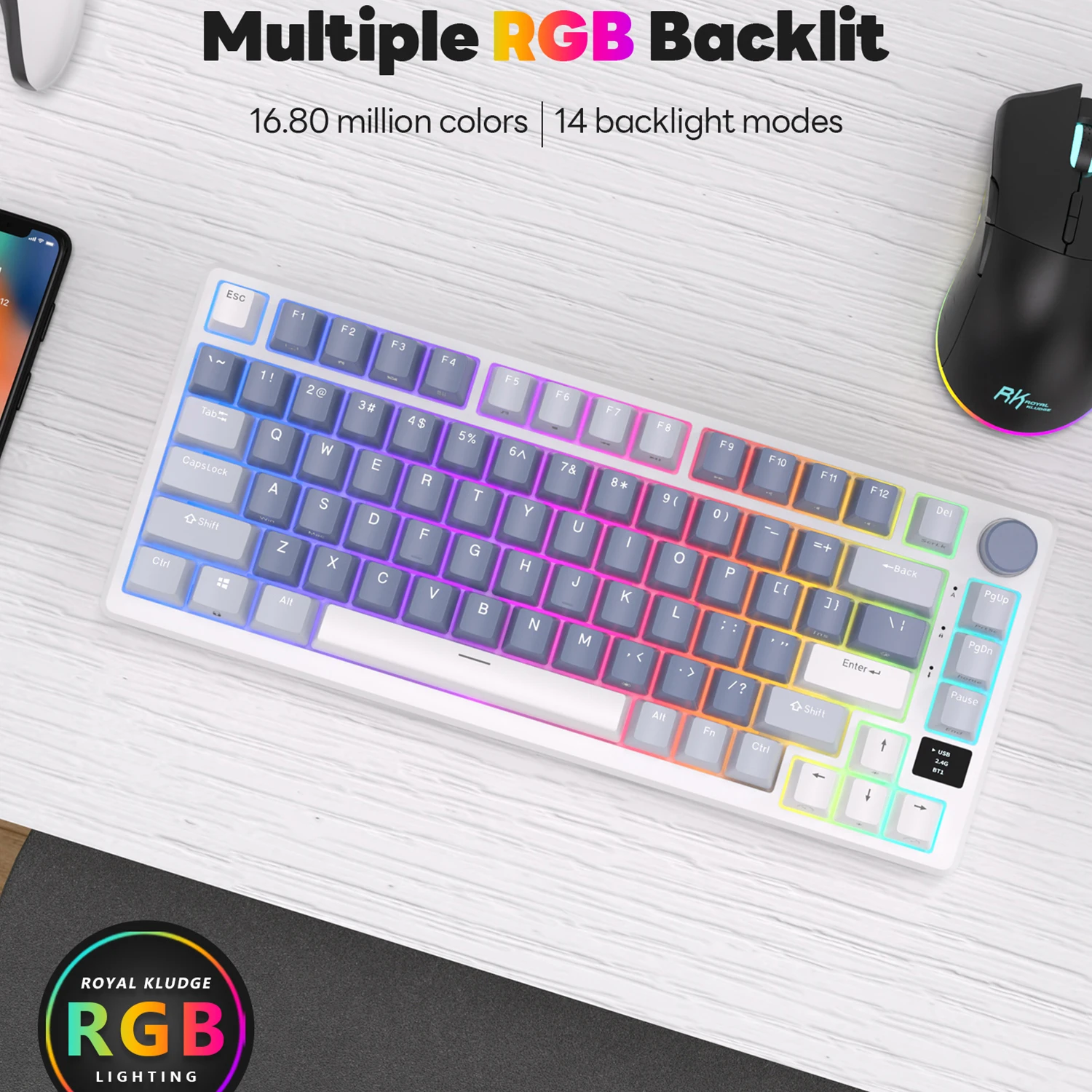 RK ROYAL KLUDGE Teclado Mecânico Sem Fio, Bluetooth, USB-C, RGB, Hot-Swappable Junta Gamer com Tela, 2.4G, 81 Chaves