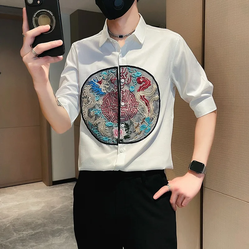 

Retro Dragon Embroidery Shirts for Men's 2024 Summer Laple Half Sleeve Casual Loose Shirt Social Party Streetwear Men Clothing