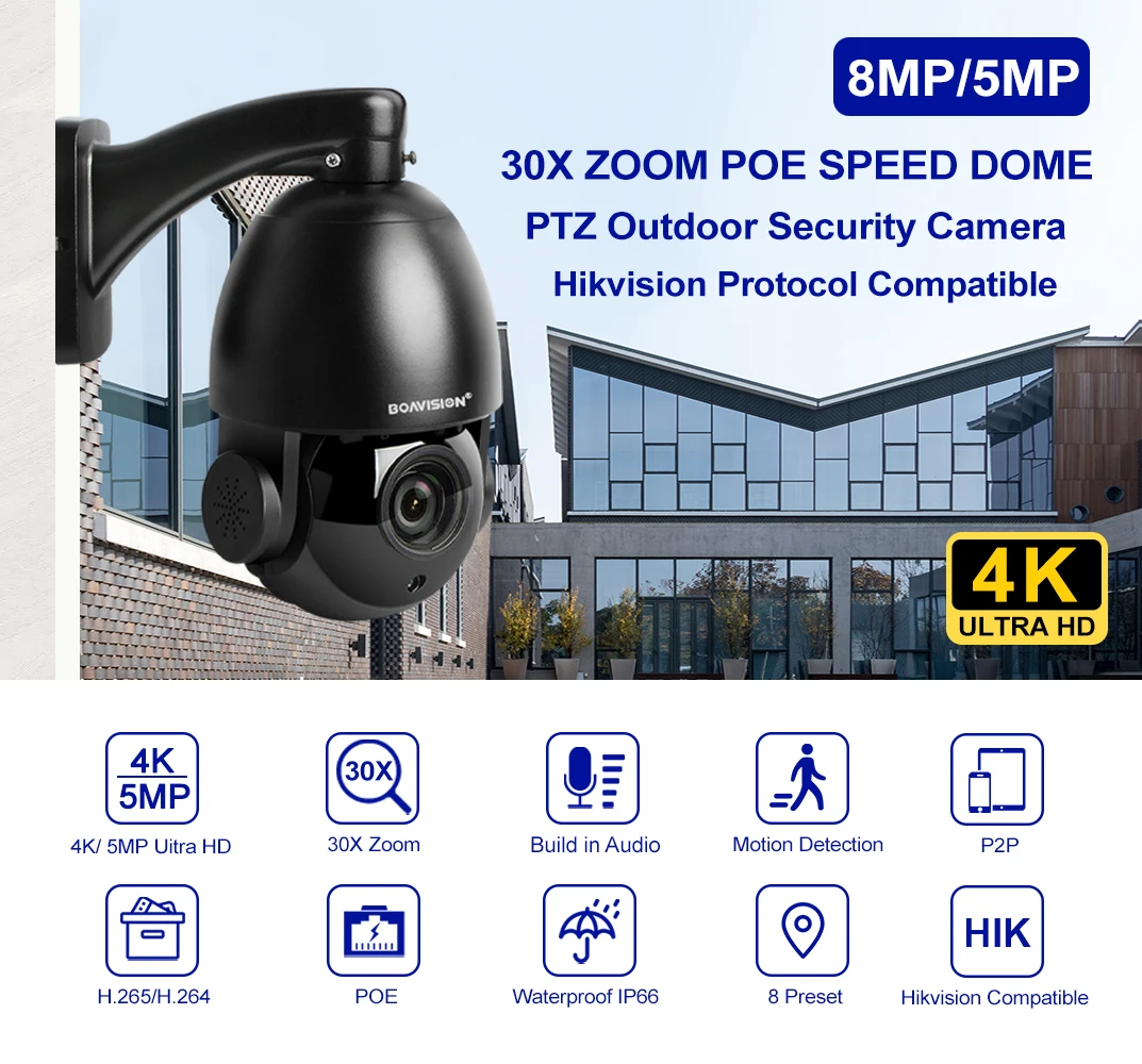 4K 8MP 5MP IP Camera Outdoor PTZ POE 30X Zoom H.265 Dome Speed Night Vision IR 80M CCTV Camera Hikvision Protocol Compatible