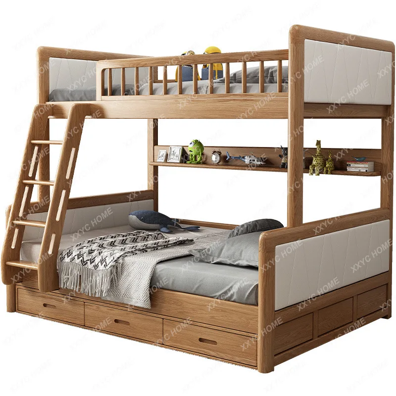 

All Solid Wood Height-Adjustable Bed Bunk Bed Children's Bunk Bed Log Oak Wax Oil Functional Storage Bunk Bed