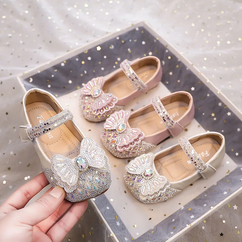 

Kids'Casual Shoes Girls PU Leather Fashion Crystal Flat Bottom Shoes Breathable Anti-slip Soft Bottom Pink White Size 24-34