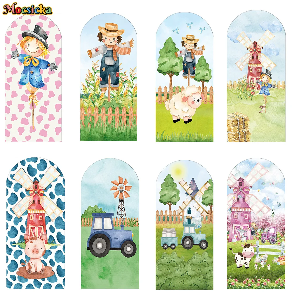 Mocsicka Farm Birthday Theme Arch Backdrop Photography Windmill Tractor Scarecrow Animal Party Background Baby Show Photo Studio