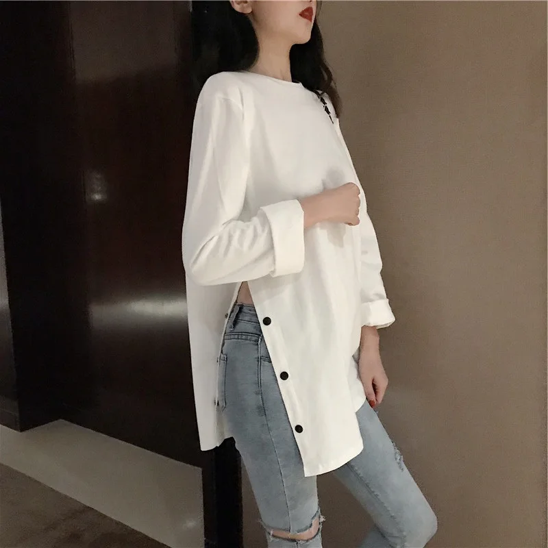 Loose Long Sleeve T-Shirt Women's Spring Autumn Korean Style Trendy Student Versatile Base Layer Shirt Split Commute Style