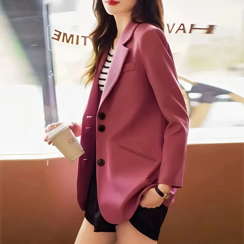 High-quality Pink Suit Jacket Women\'s Spring And Autumn 2023 New Coat With Lining Casual Ladies Blazer Black Brown Blouser S-3XL