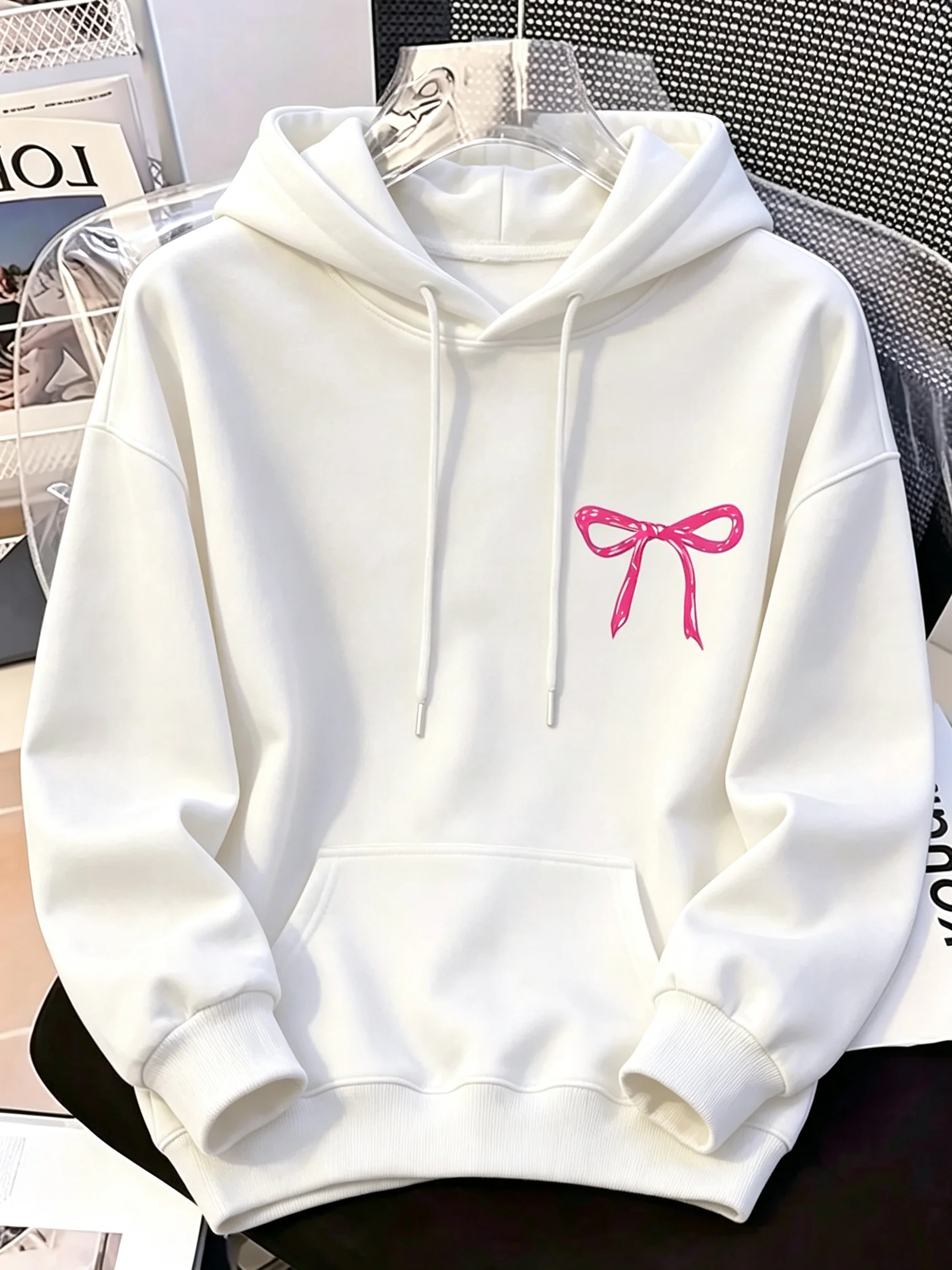 2026 New Y2K Pink Ribbon Pattern Printed Sweatshirt - Casual Trendy Comfortable Long-Sleeved Hooded Shirt sweatshirt hoodie