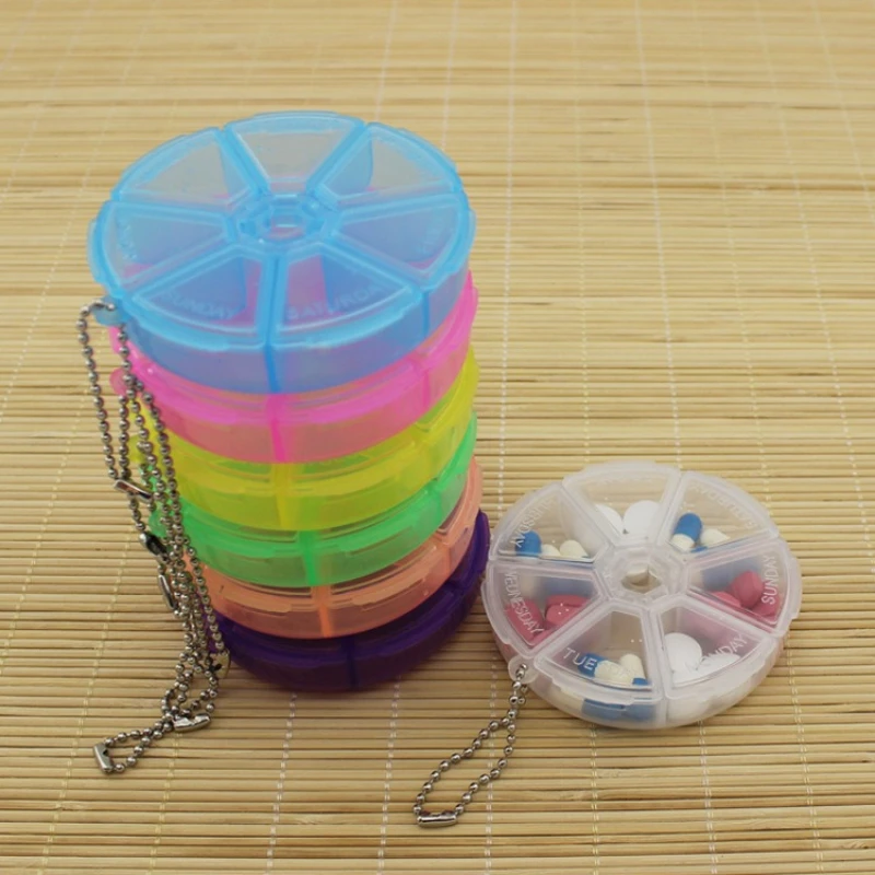 1p 7 Slot Portable Organizer Pill Case Round Box Health One Week Rotation Openings Small Travel Kit Cute Mini Pill Storage Boxes
