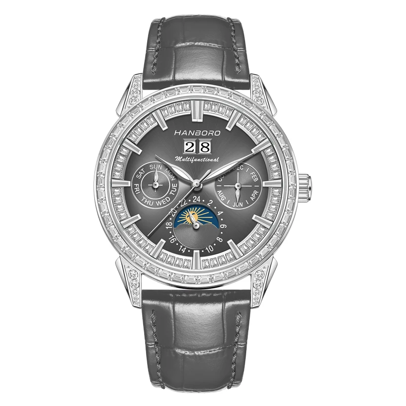HANBORO Men Automatic Watch 42mm Mechanical Wristwatch 50m Waterproof Luminous Sapphire Multi-Dial Month Week Date Miyota 82S0