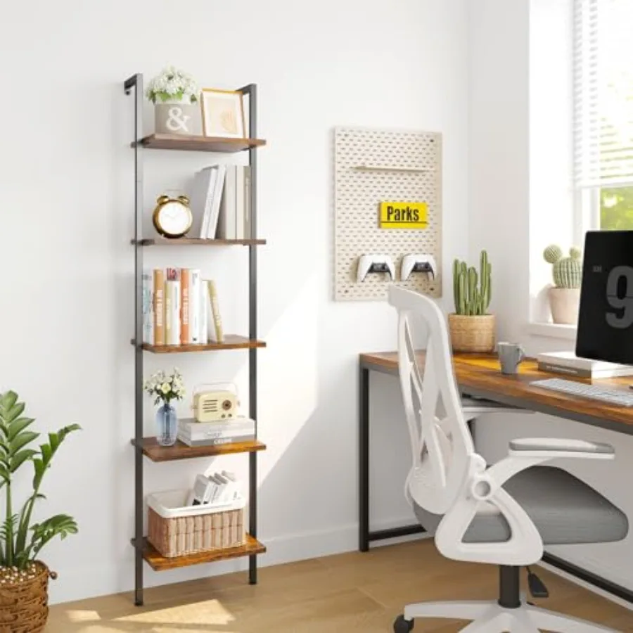 Ladder Shelf, 5-Tier Wood Wall Mounted Ladder Bookshelf Leaning Storage Shelves with Metal Frame, Vintage Open Display Organize