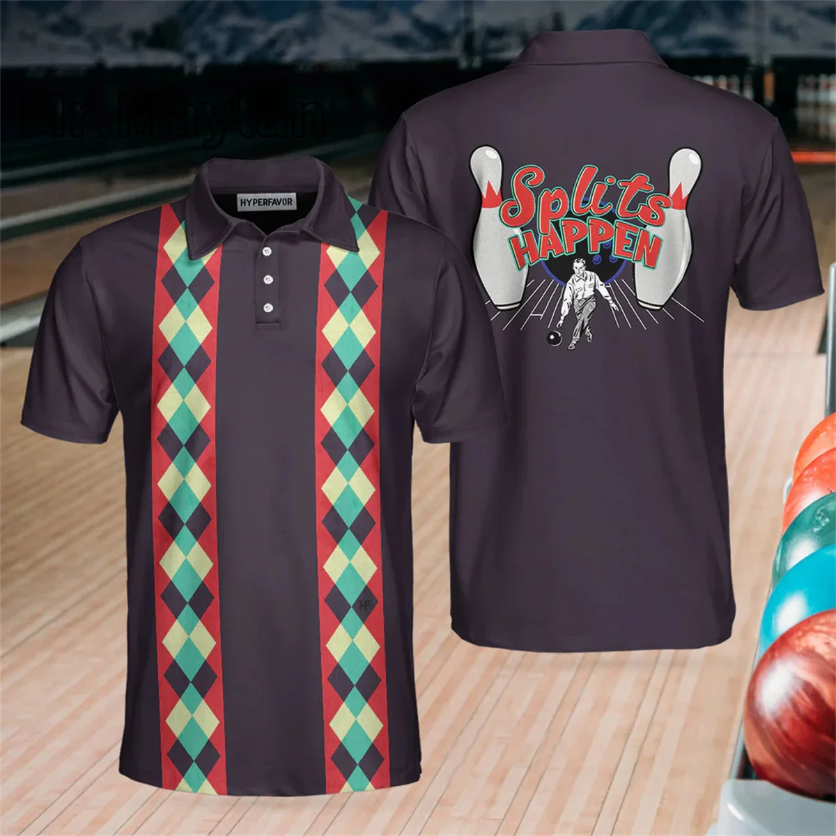 

3D Personalized Splits Happen Bowling Polo Shirt Plaid Pattern Polo Bowling Style Shirt For Male Bowlers Simple Shirt Design Tee