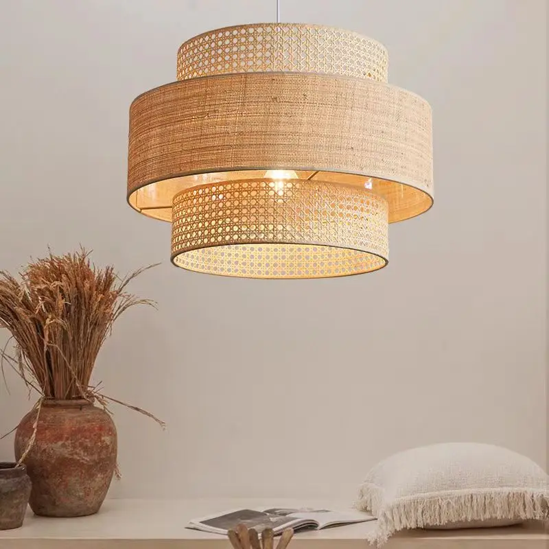 

Japanese bamboo pendant light Woven Rattan LED Chandelier for Living Dining Room Bedroom Light Retro Restaurant Bar Hanging Lamp