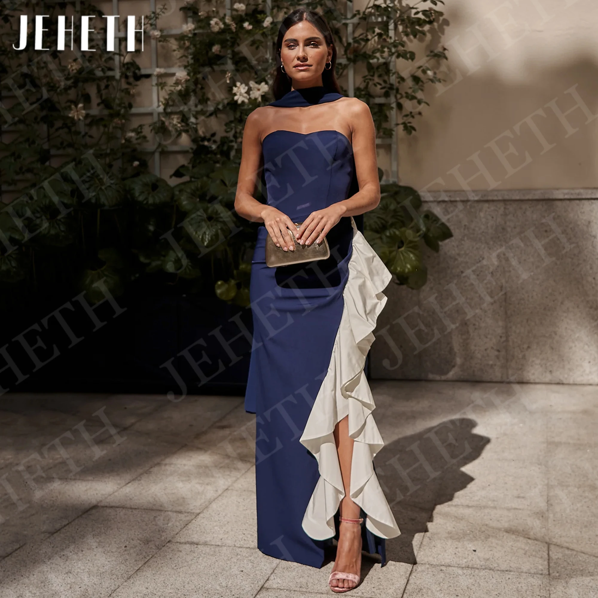 

JEHETH Strapless Mermaid Evening Dresses Women Elegant Vintage Side Split Saudi Arabia Special Occasion Dress Customized Party