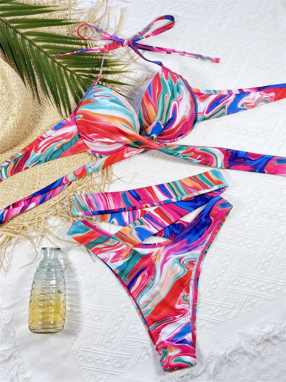 Cross Bandage Bikini Hatler Swimsuit Push Up Backless Swimwear Pads Women Y2K Print High Waist Beach Outfit Bathing Suit Biquini