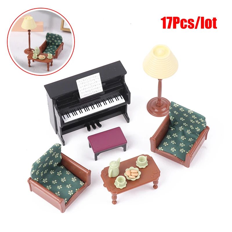 

1Set Dollhouse Mini Instrument Piano Sofa Coffee Table Living Room Furniture Model For Dollhouse Family Scene Decor Accessories