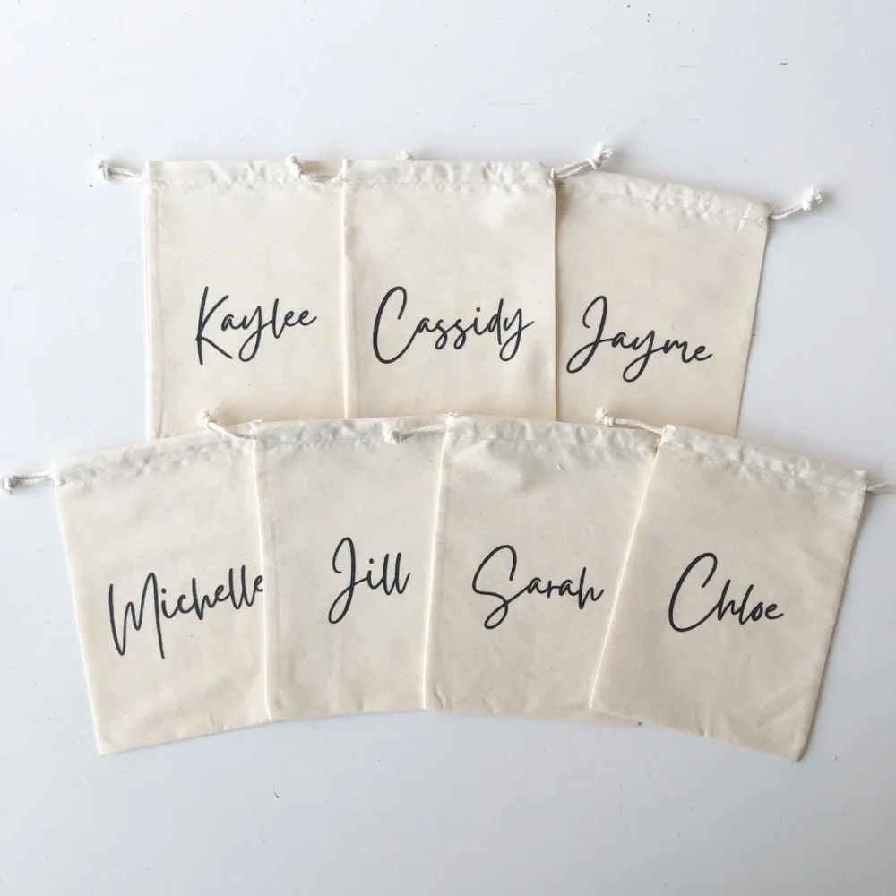 25Minimalist Simplicity Name Lettering Personalized Bridesmaids Bachelorette Custom Print Cotton Drawstring Bags-Print in Canada
