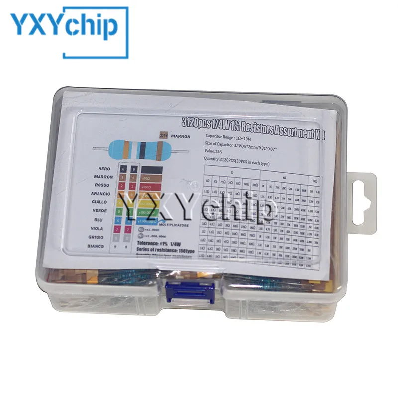 

1/4w 1% Metal Film Resistors Kit 1 Ohm~10m 3120pcs, 0.25w Resistencias Electronica 156values*20pcs Assortment Kits