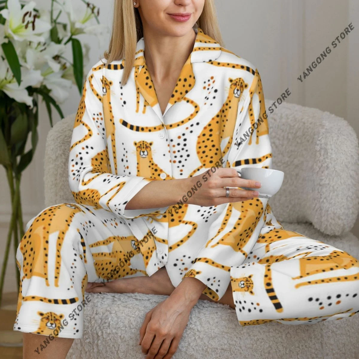

Women Sleepwear Loungewear Cheetahs The Cat Family Savannah Animal Long Sleeve Lapel Neck Shirt Elastic Waist Pants Pajamas Set