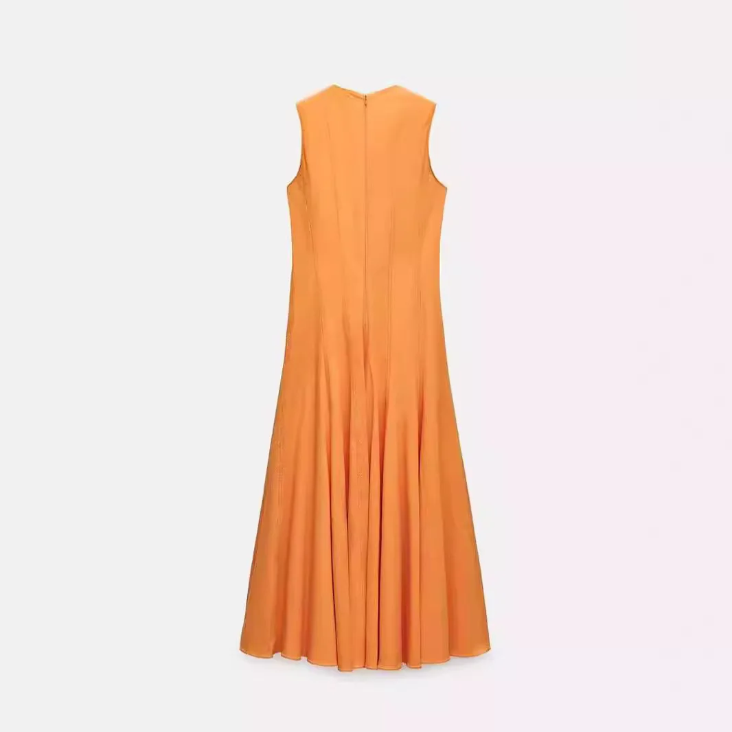 Orange Sleeveless Dress Woman Ruched Long Dress Summer Elegant Party Dresses For Women 2024 Midi Casual Holiday Dresses