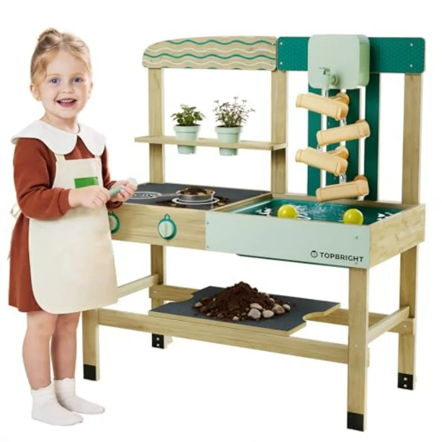 

4 In 1 Mud Kitchen for Wooden Outdoor Playhouse with Water Sand Play Cooking Gardening Accessories Sensory Table Set in Natural