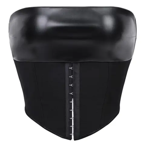 Black Leather Top Spliced Corset Sweetheart Strapless Steel Boned Lace Up Back Daily Waist Cincher Top