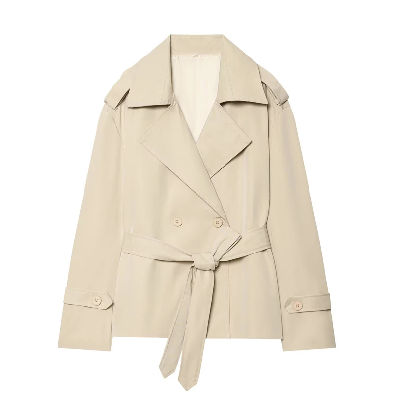 Women's Coat 2026 Autumn New Style Solid Color Long Sleeve Belted Short Trench Coat European and American Personalized Fashion