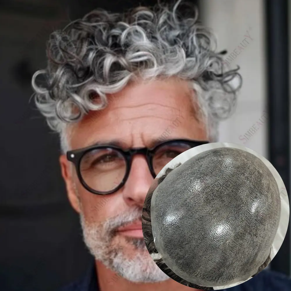 

20 мм вьющиеся супер прочные полные мужские парики из искусственной кожи, серые, черные человеческие волосы, мужская система замены волос, протез для мужчин