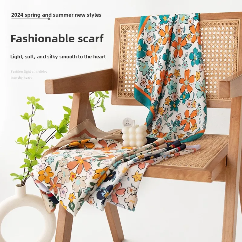 

70cm Long Floral Print Silk Scarf Mom Style Neck Protection Women's Korean Version Shawl Headscarf Elegant Professional Necktie