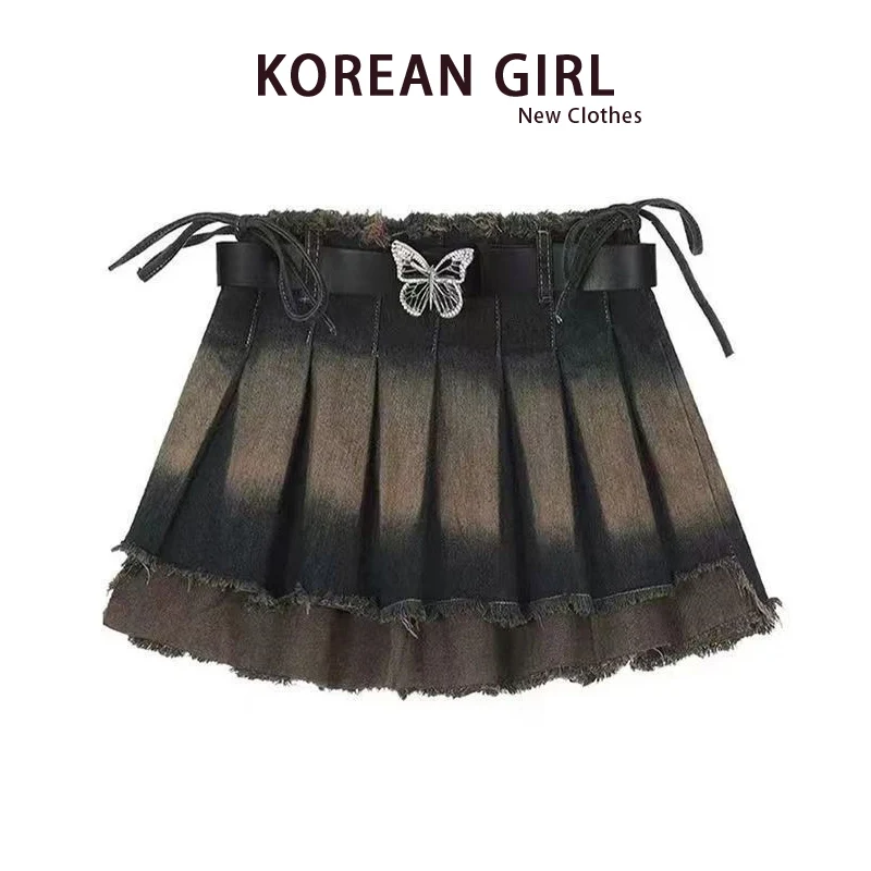 กระโปรงยีนส์สไตล์เรโทรอเมริกัน ผู้หญิง ฤดูร้อน 2025 ใหม่ สไตล์สาวเปรี้ยว ทันสมัย กระโปรงพลีททรงเอ เอวสูง