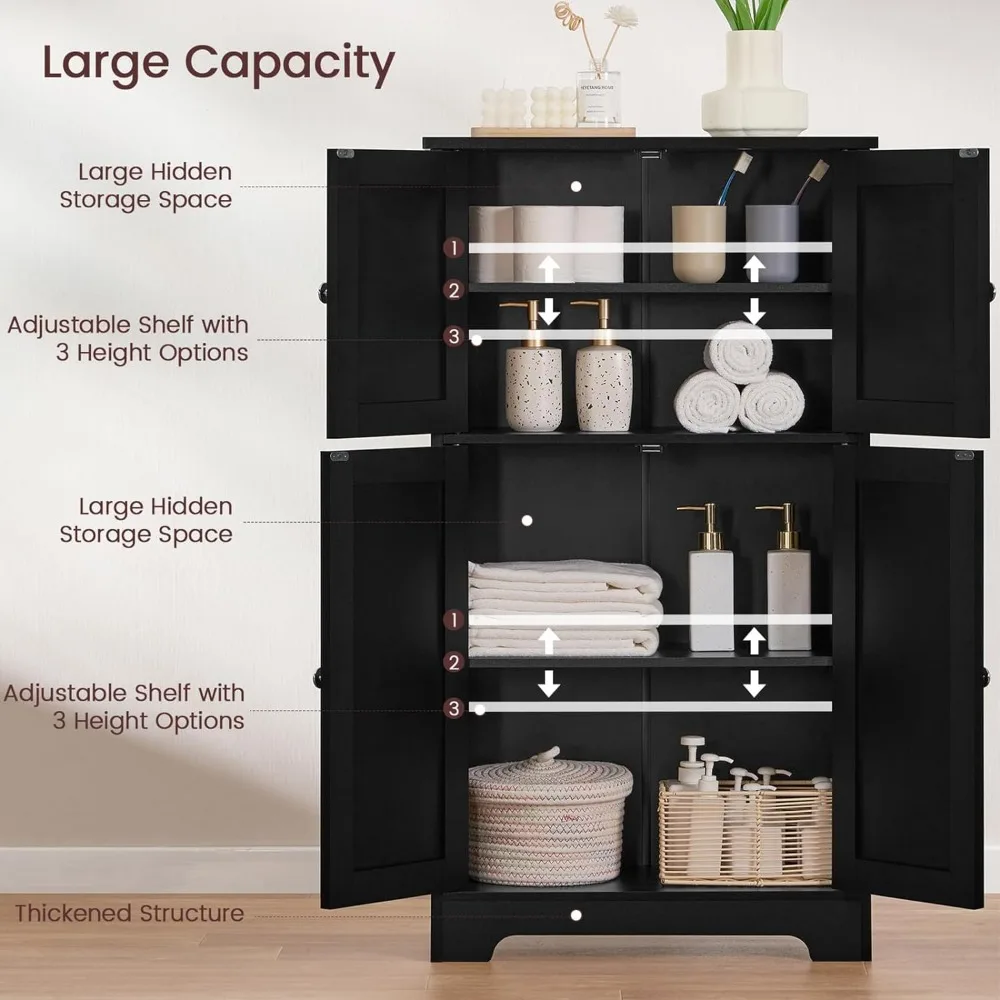 Bathroom Cabinet, Storage Cabinet with Adjustable Shelves, Bathroom Floor Cabinet with 4 Doors, Cupboard for Living Room