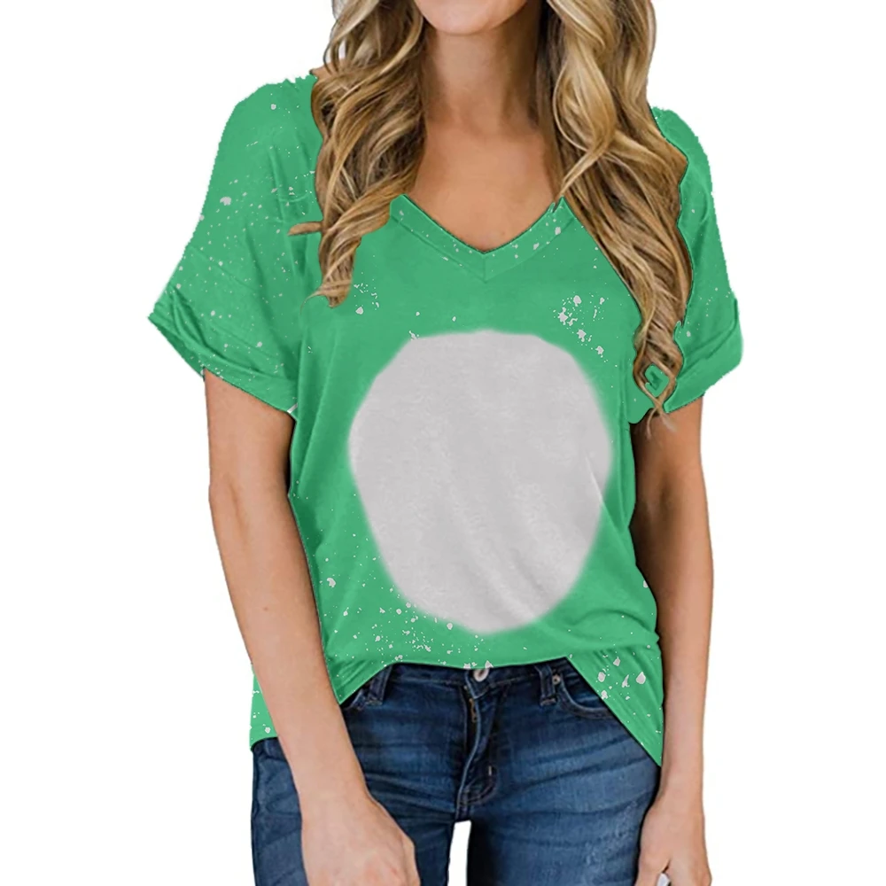 Ladies Tshirt Sexy V-Neck Short Sleeves Sublimation Polyester Tops Female Clothing Tie-Dye Tee Tops For DIY Photo Text Print