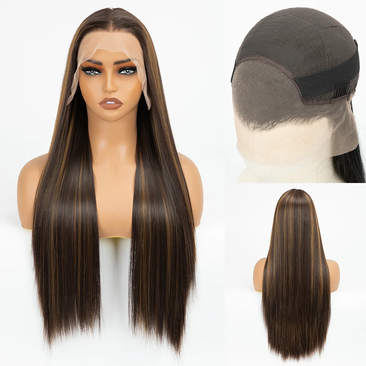 

13 * 4 Forehead Lace Wig, Hand woven Long Roll Blackened Long Straight, Imitation Human Hair Full Headset, Women's Style