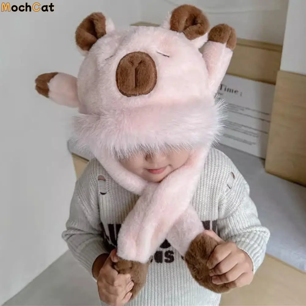 

Windproof Kids Ear Protection Hat Thickened Movable Ears Plush Hat Scarf Set Soft Integrated Children's Pullover Cap