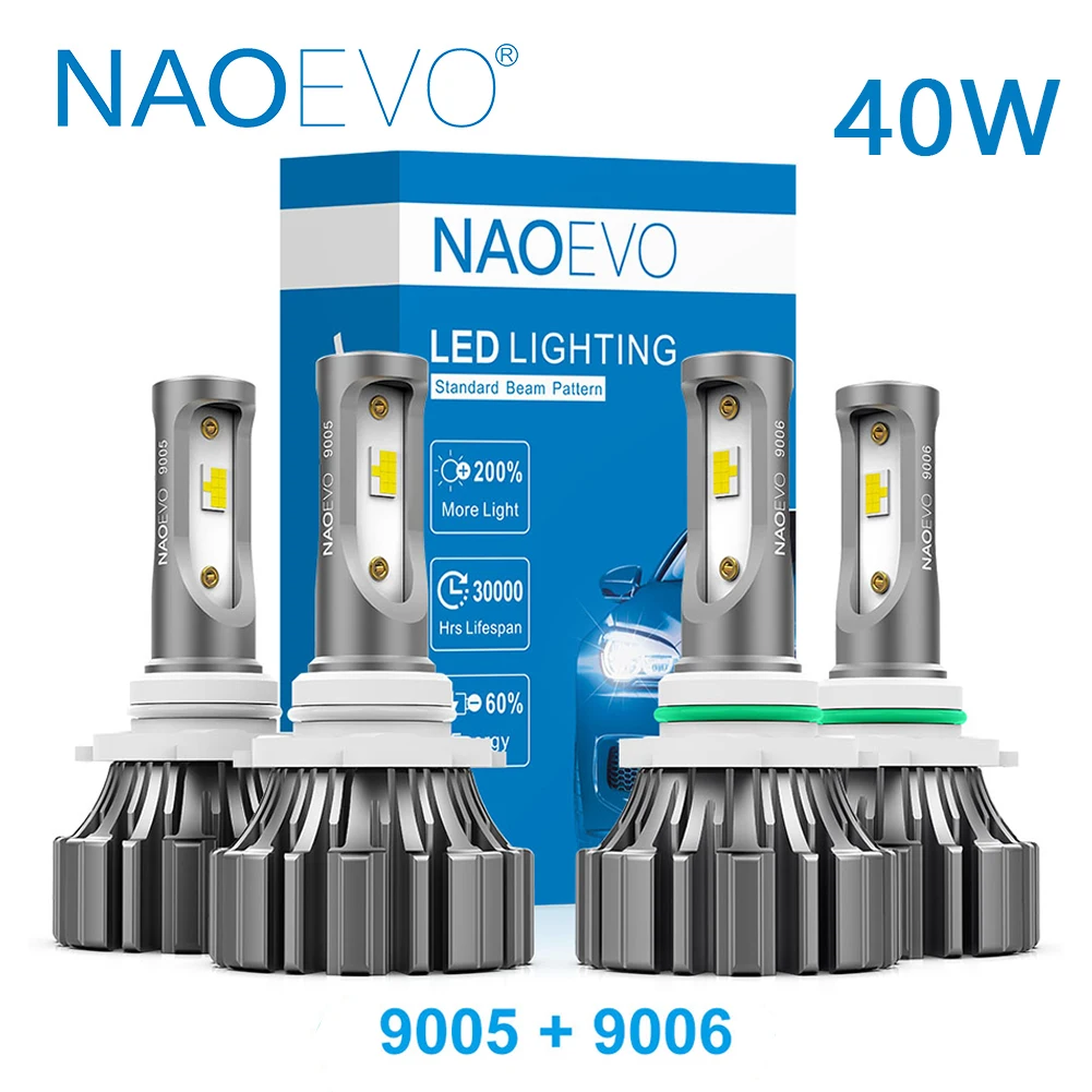 

NAOEVO Car Lights 9005 9006 Combo LED Headlight Kit 4800LM 40W HB3 HB4 6000K White Auto Led Fog Headlamp Bulbs High Low Beam 12V