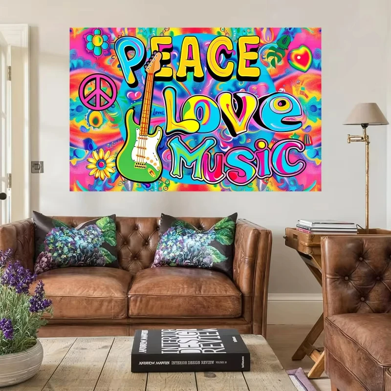 Peaceful Love Background Hippie Carnival Tapestry Party Photo Pavilion Colorful Flowers Guitar Banner Decoration