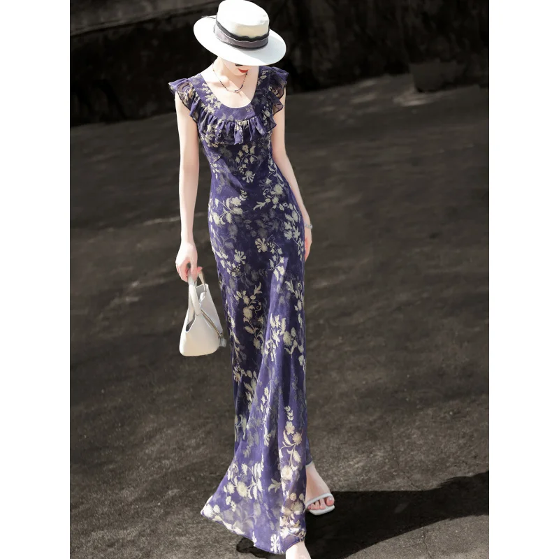 

MEXCOCO 2026 Summer New French Resort Floral Dress Elegant Ruffle U-Neck Flutter Sleeve Women Dress