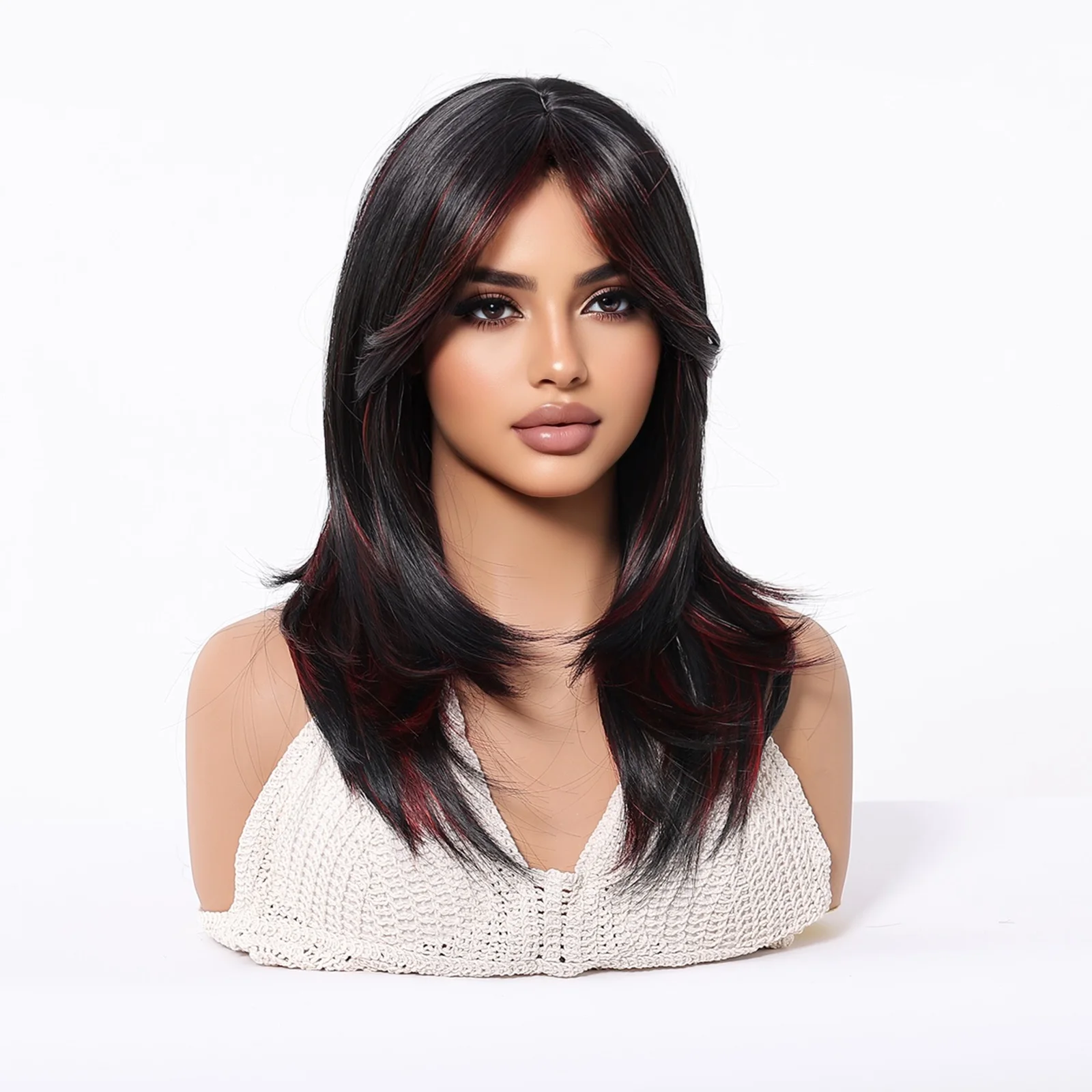 วิกผมสีดำแดงไฮไลท์สำหรับผู้หญิง วิกผมแสกกลาง ความยาวปานกลาง วิกผมสังเคราะห์แบบมีเลเยอร์ สำหรับผู้หญิง ใช้ได้ทุกวันและคอสเพลย์