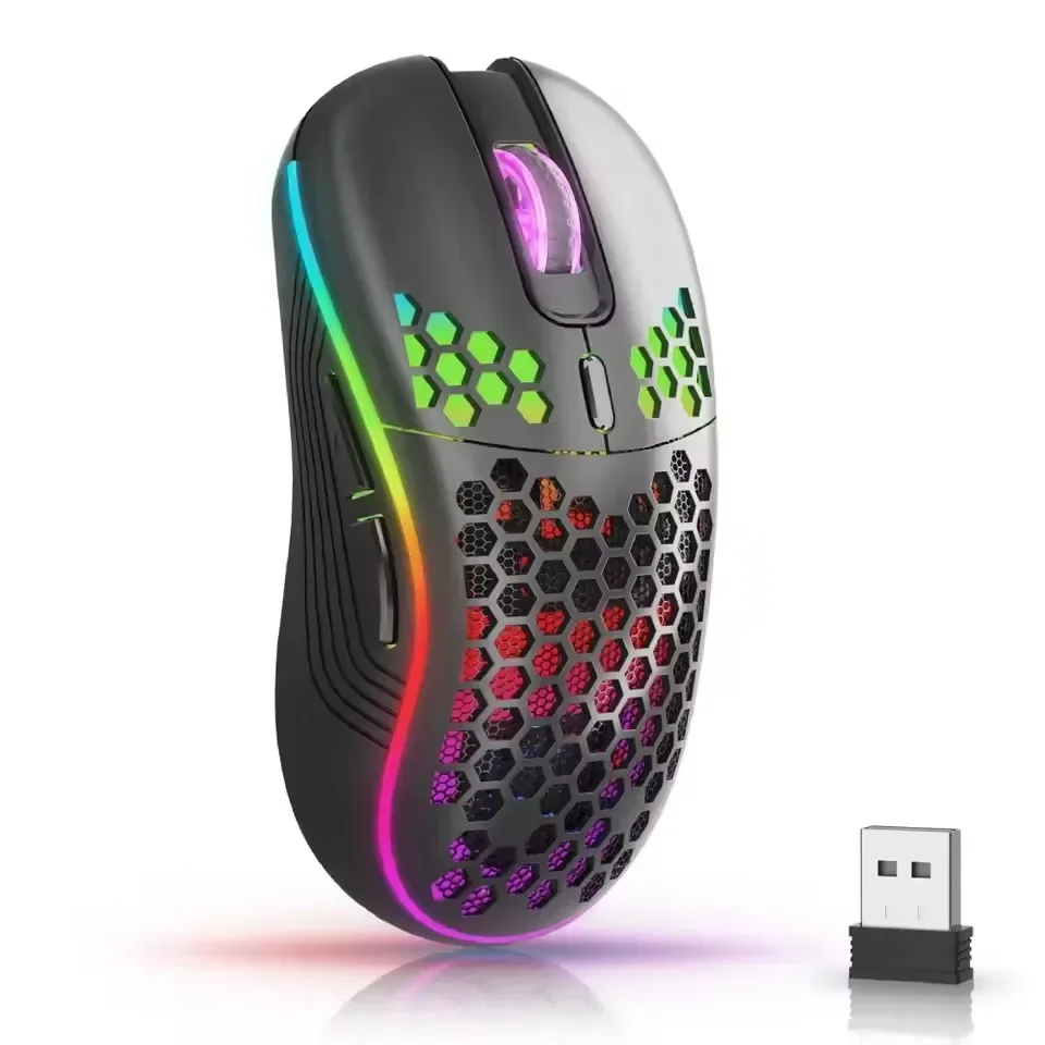 Mouse wireless RGB 2.4G Type-C Mouse leggero con retroilluminazione ricaricabile con design a nido d'ape con ricevitore USB DPI regolabile