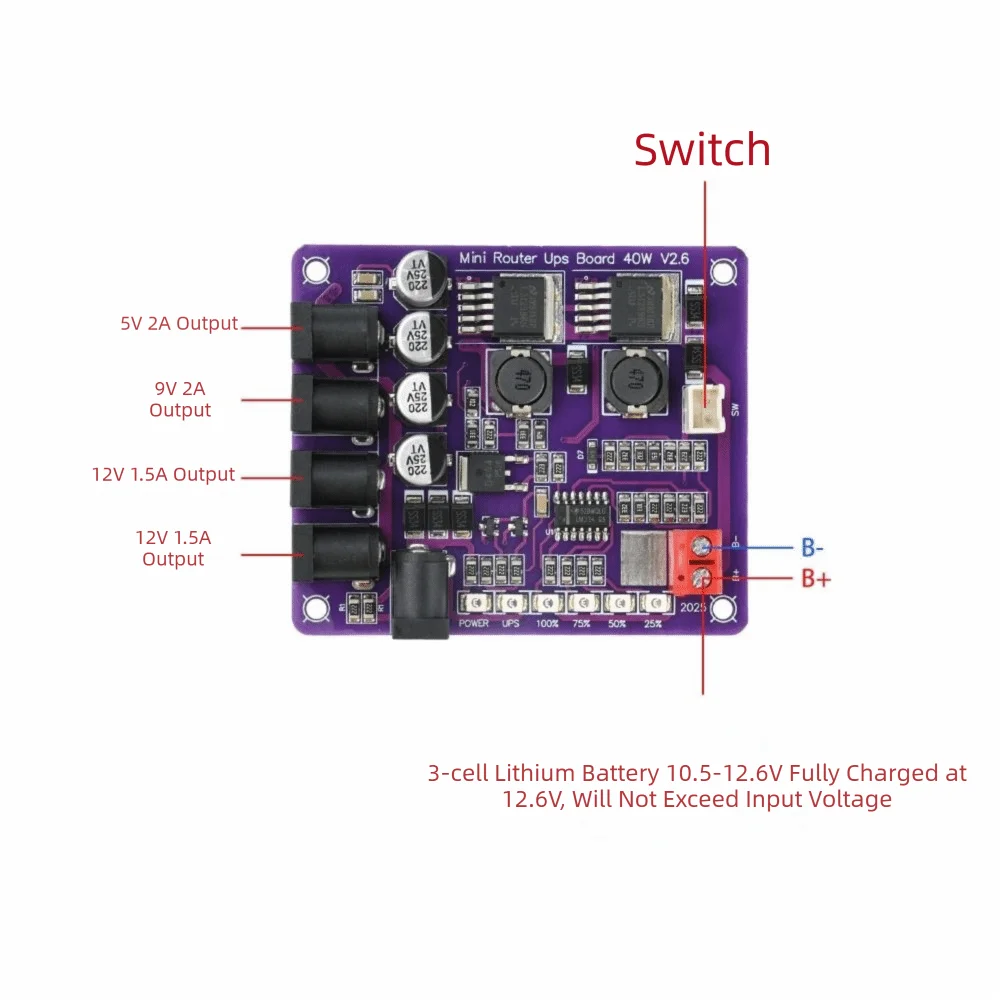 Professional 40W Power Mini Router UPS DC 12.6V Power Supply UPS Board 4-way output Router Power Supply Electronic Component