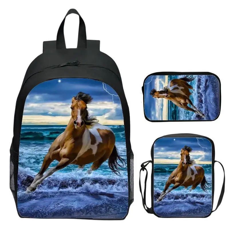 Animal  Horse Three piece Set for Children Elementary School Boys and Girls Backpack Shoulder Bag Pen Bag