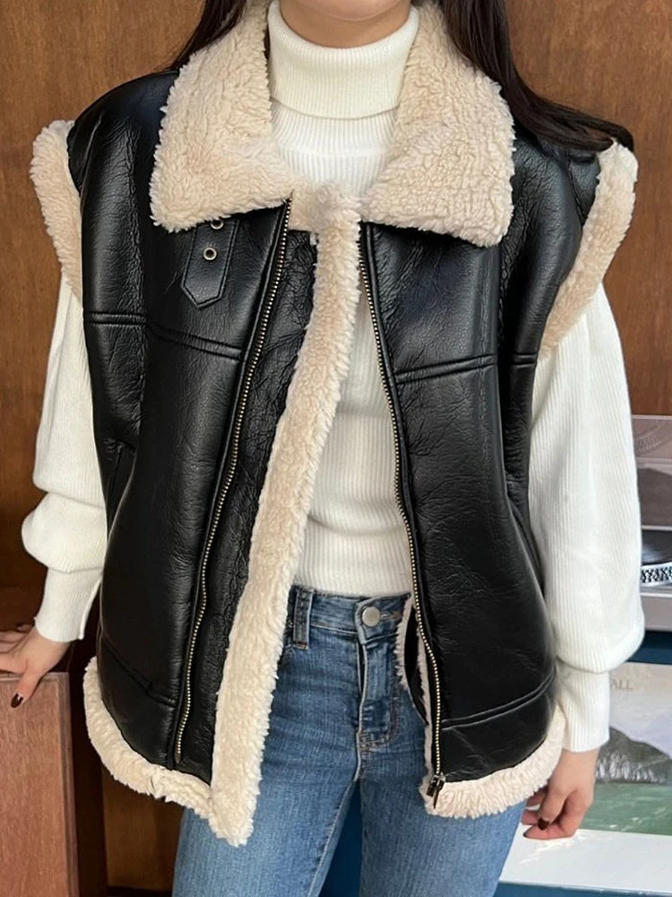 Women's Sleeveless Zipper Faux Fur Vest Waistcoat Faux Leather PU Tank Coat Female 2024 New Loose Casual Streetwear Winter Coat