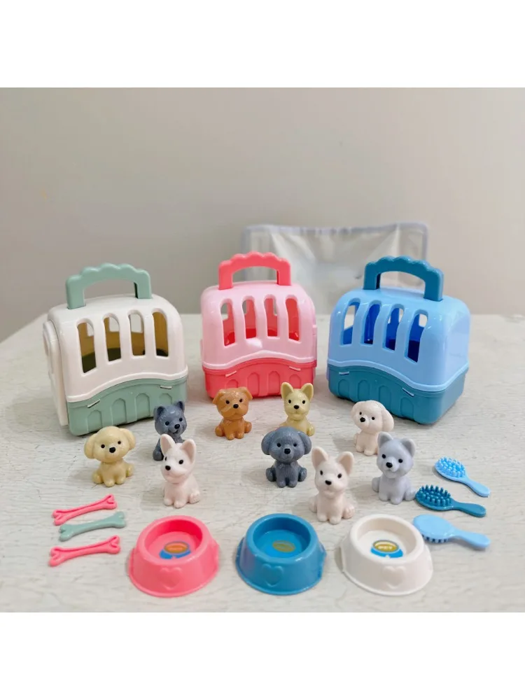 8pcs/set Cute Dog Pet Basket Family Toys Dog Doll Set Dog Cage Toys Scene Playing Toys Christmas Decoration Gifts — zdjęcie 2