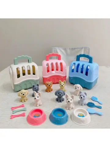 8pcs/set Cute Dog Pet Basket Family Toys Dog Doll Set Dog Cage Toys Scene Playing Toys Christmas Decoration  Gifts