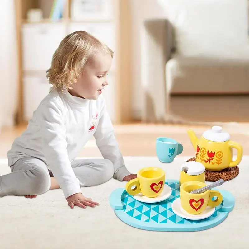 Juego de té para niños, juego de té de juguete, juego de rol, juego de cocina con tazas y cucharas, juguetes educativos, juego de té de madera