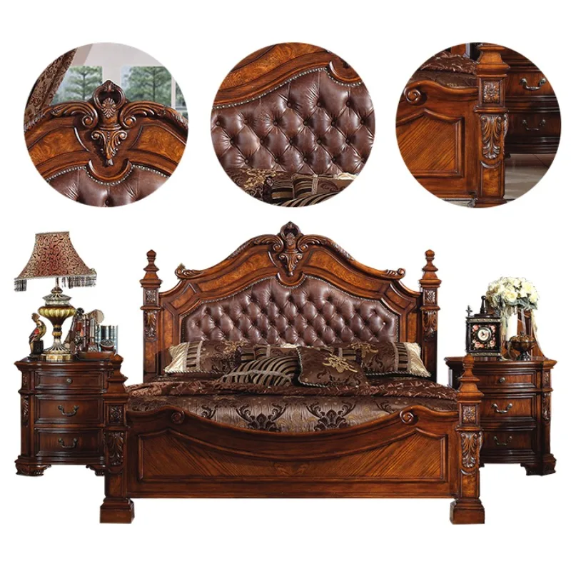 

American solid wood double bed, European leather bed luxury retro master bedroom double bed 1.8 meters