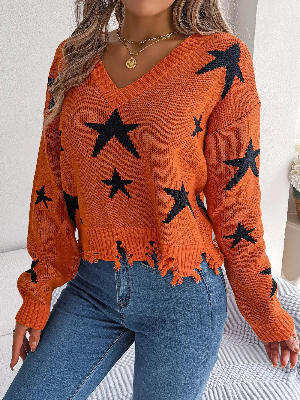 

Ladies Casual Trend V-Neck Star Long Sleeve Knitted Pullover Sweater Geometric Pattern Fashion Sweater For Women Street Hipster