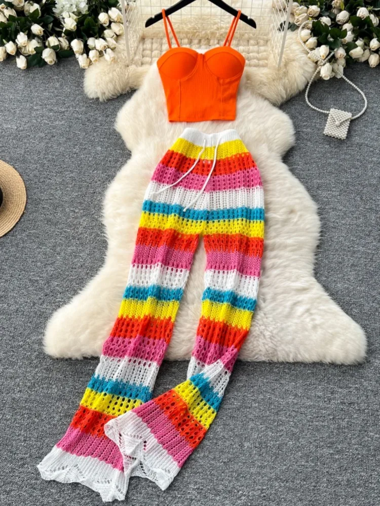 Women Summer Sexy Sleeveless Short Strap Tops Hollow Out Knitted Colorful Stripes Long Flare Pants Boho Beach Two Piece Suits