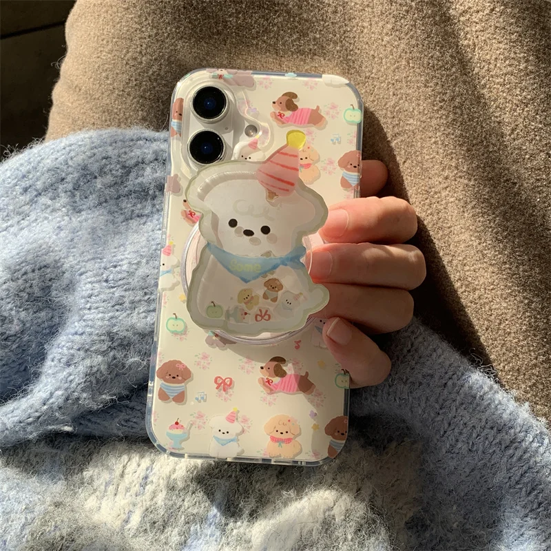 Korean Cute Puppy Magnetic Phone Case For iPhone 16 Pro 15 12 14 13 Pro Max Cover with Magsafe Stand Holder Kawaii Cases 15Pro